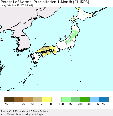 Japan Percent of Normal Precipitation 1-Month (CHIRPS) Thematic Map For 5/16/2022 - 6/15/2022