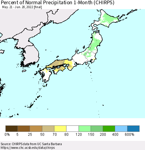 Japan Percent of Normal Precipitation 1-Month (CHIRPS) Thematic Map For 5/21/2022 - 6/20/2022