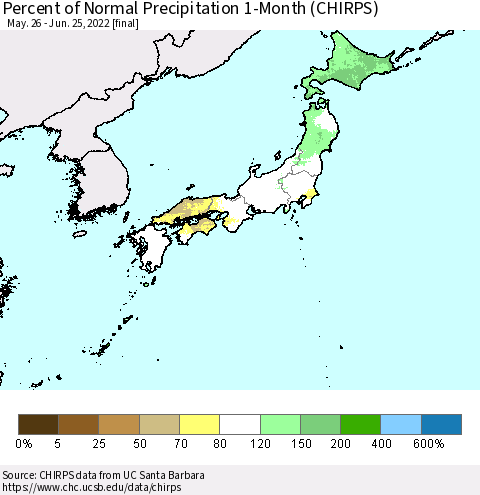 Japan Percent of Normal Precipitation 1-Month (CHIRPS) Thematic Map For 5/26/2022 - 6/25/2022