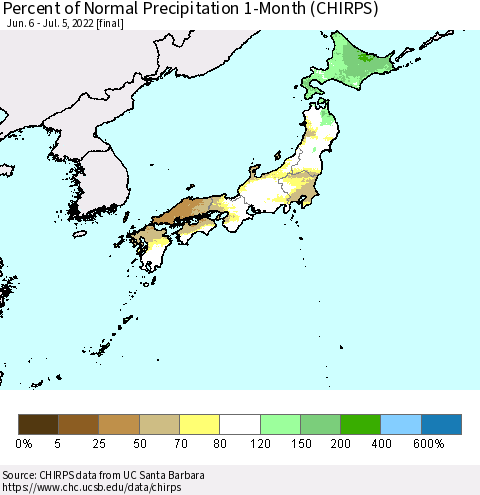 Japan Percent of Normal Precipitation 1-Month (CHIRPS) Thematic Map For 6/6/2022 - 7/5/2022