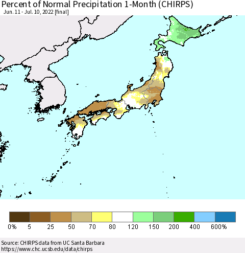 Japan Percent of Normal Precipitation 1-Month (CHIRPS) Thematic Map For 6/11/2022 - 7/10/2022