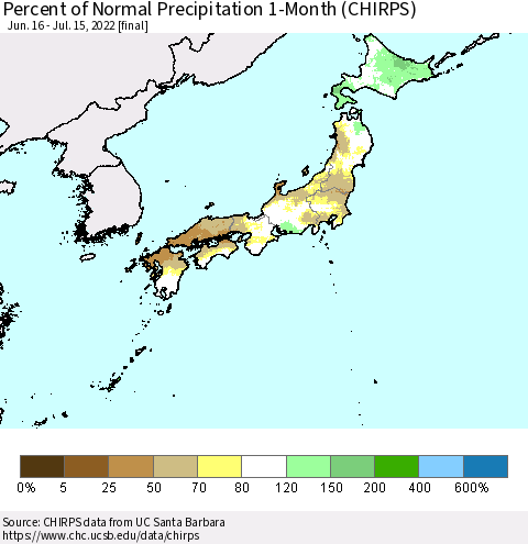 Japan Percent of Normal Precipitation 1-Month (CHIRPS) Thematic Map For 6/16/2022 - 7/15/2022