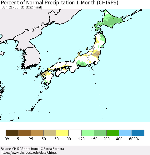 Japan Percent of Normal Precipitation 1-Month (CHIRPS) Thematic Map For 6/21/2022 - 7/20/2022