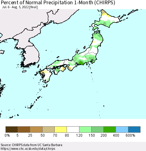 Japan Percent of Normal Precipitation 1-Month (CHIRPS) Thematic Map For 7/6/2022 - 8/5/2022