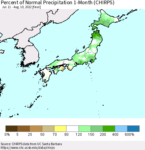 Japan Percent of Normal Precipitation 1-Month (CHIRPS) Thematic Map For 7/11/2022 - 8/10/2022