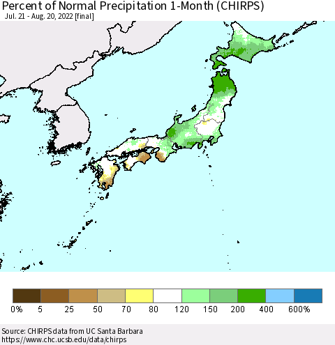 Japan Percent of Normal Precipitation 1-Month (CHIRPS) Thematic Map For 7/21/2022 - 8/20/2022