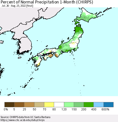Japan Percent of Normal Precipitation 1-Month (CHIRPS) Thematic Map For 7/26/2022 - 8/25/2022