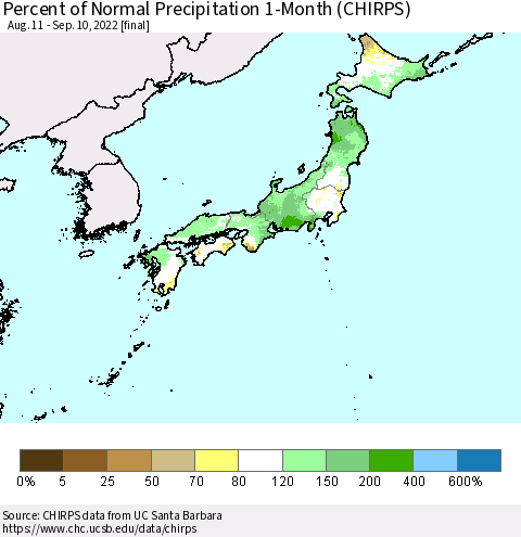 Japan Percent of Normal Precipitation 1-Month (CHIRPS) Thematic Map For 8/11/2022 - 9/10/2022