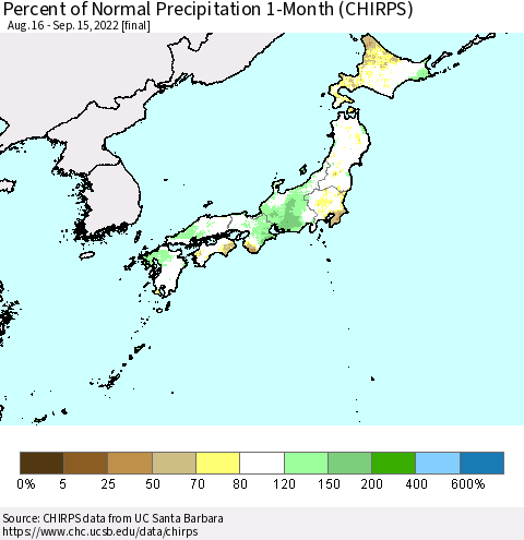 Japan Percent of Normal Precipitation 1-Month (CHIRPS) Thematic Map For 8/16/2022 - 9/15/2022