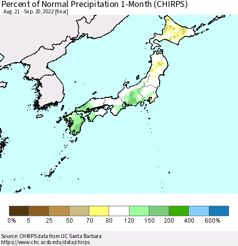 Japan Percent of Normal Precipitation 1-Month (CHIRPS) Thematic Map For 8/21/2022 - 9/20/2022