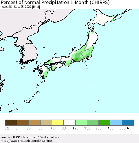 Japan Percent of Normal Precipitation 1-Month (CHIRPS) Thematic Map For 8/26/2022 - 9/25/2022