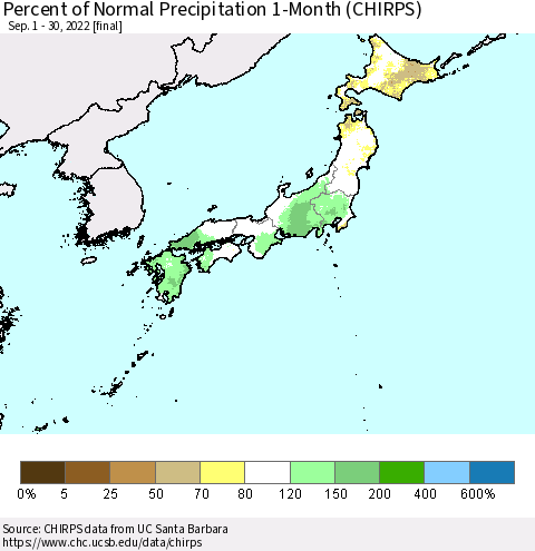 Japan Percent of Normal Precipitation 1-Month (CHIRPS) Thematic Map For 9/1/2022 - 9/30/2022