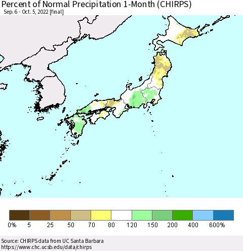Japan Percent of Normal Precipitation 1-Month (CHIRPS) Thematic Map For 9/6/2022 - 10/5/2022