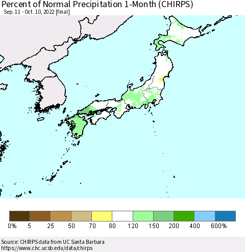 Japan Percent of Normal Precipitation 1-Month (CHIRPS) Thematic Map For 9/11/2022 - 10/10/2022