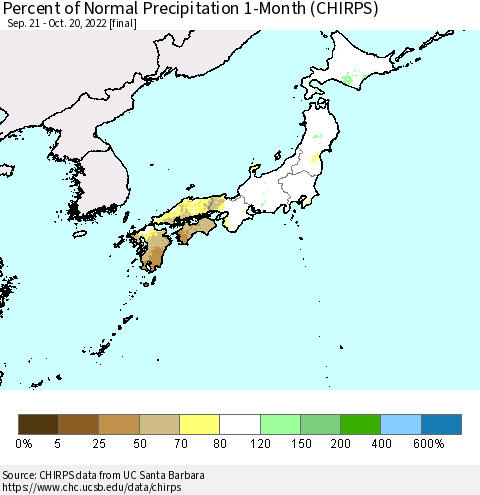 Japan Percent of Normal Precipitation 1-Month (CHIRPS) Thematic Map For 9/21/2022 - 10/20/2022