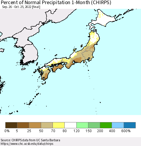 Japan Percent of Normal Precipitation 1-Month (CHIRPS) Thematic Map For 9/26/2022 - 10/25/2022