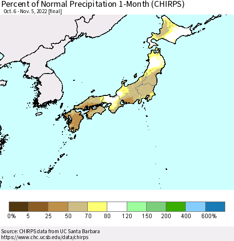 Japan Percent of Normal Precipitation 1-Month (CHIRPS) Thematic Map For 10/6/2022 - 11/5/2022