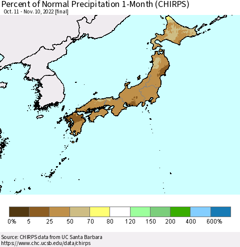 Japan Percent of Normal Precipitation 1-Month (CHIRPS) Thematic Map For 10/11/2022 - 11/10/2022