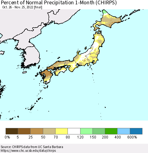 Japan Percent of Normal Precipitation 1-Month (CHIRPS) Thematic Map For 10/26/2022 - 11/25/2022