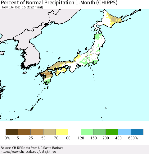 Japan Percent of Normal Precipitation 1-Month (CHIRPS) Thematic Map For 11/16/2022 - 12/15/2022