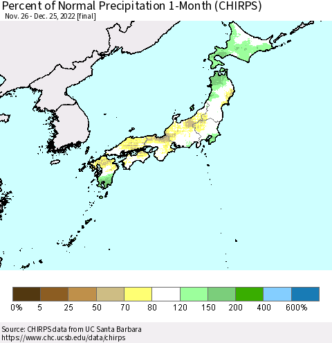 Japan Percent of Normal Precipitation 1-Month (CHIRPS) Thematic Map For 11/26/2022 - 12/25/2022