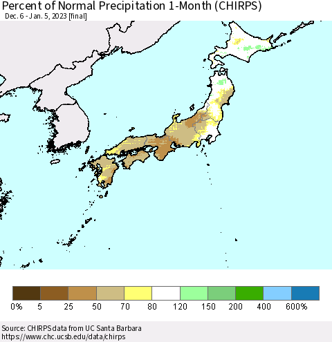 Japan Percent of Normal Precipitation 1-Month (CHIRPS) Thematic Map For 12/6/2022 - 1/5/2023