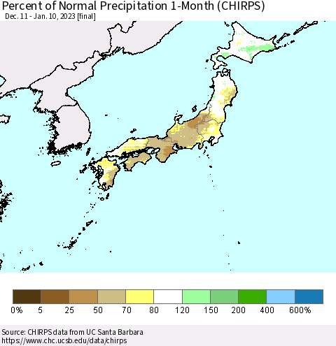 Japan Percent of Normal Precipitation 1-Month (CHIRPS) Thematic Map For 12/11/2022 - 1/10/2023
