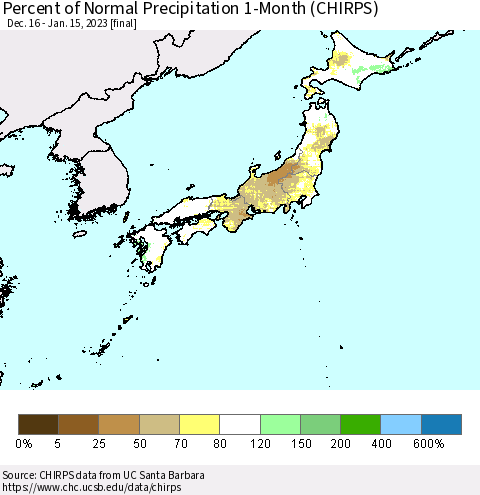 Japan Percent of Normal Precipitation 1-Month (CHIRPS) Thematic Map For 12/16/2022 - 1/15/2023