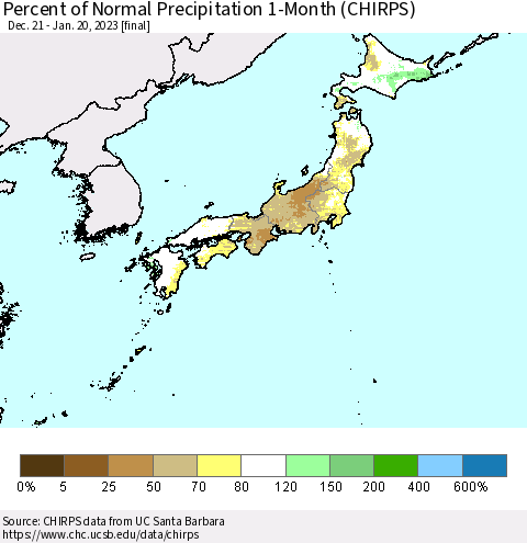 Japan Percent of Normal Precipitation 1-Month (CHIRPS) Thematic Map For 12/21/2022 - 1/20/2023