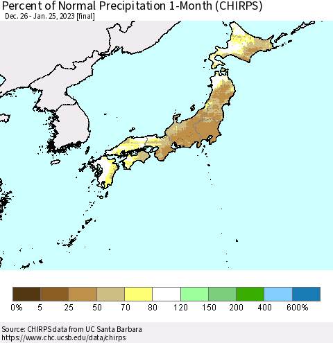 Japan Percent of Normal Precipitation 1-Month (CHIRPS) Thematic Map For 12/26/2022 - 1/25/2023