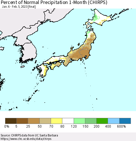 Japan Percent of Normal Precipitation 1-Month (CHIRPS) Thematic Map For 1/6/2023 - 2/5/2023