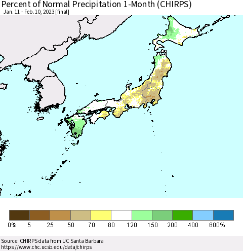 Japan Percent of Normal Precipitation 1-Month (CHIRPS) Thematic Map For 1/11/2023 - 2/10/2023