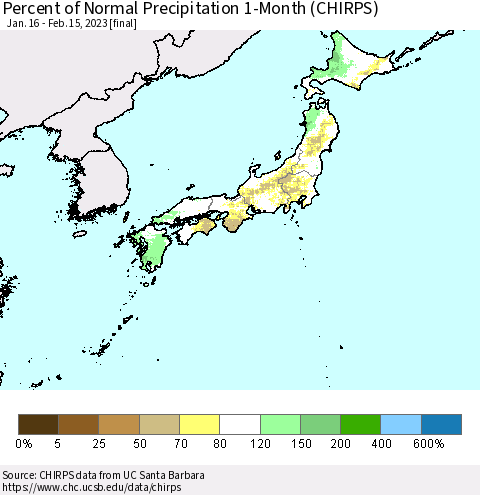 Japan Percent of Normal Precipitation 1-Month (CHIRPS) Thematic Map For 1/16/2023 - 2/15/2023