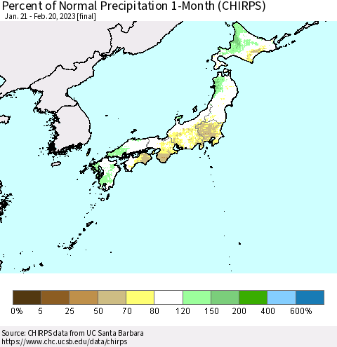 Japan Percent of Normal Precipitation 1-Month (CHIRPS) Thematic Map For 1/21/2023 - 2/20/2023