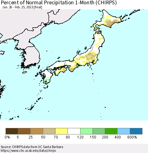 Japan Percent of Normal Precipitation 1-Month (CHIRPS) Thematic Map For 1/26/2023 - 2/25/2023