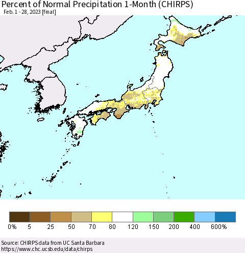 Japan Percent of Normal Precipitation 1-Month (CHIRPS) Thematic Map For 2/1/2023 - 2/28/2023