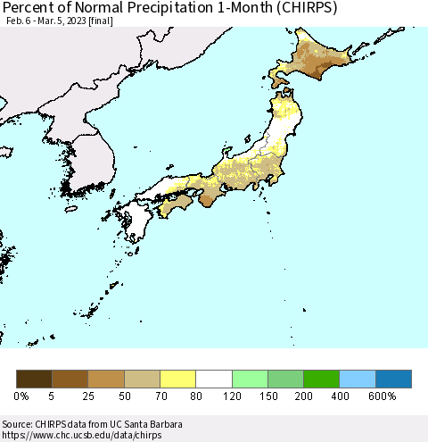 Japan Percent of Normal Precipitation 1-Month (CHIRPS) Thematic Map For 2/6/2023 - 3/5/2023