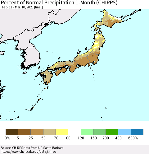 Japan Percent of Normal Precipitation 1-Month (CHIRPS) Thematic Map For 2/11/2023 - 3/10/2023
