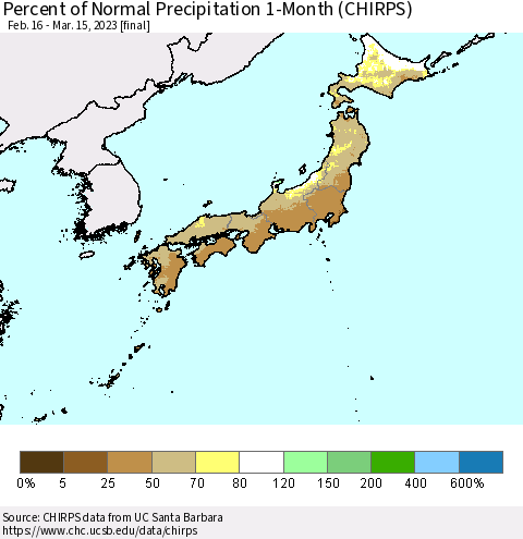 Japan Percent of Normal Precipitation 1-Month (CHIRPS) Thematic Map For 2/16/2023 - 3/15/2023