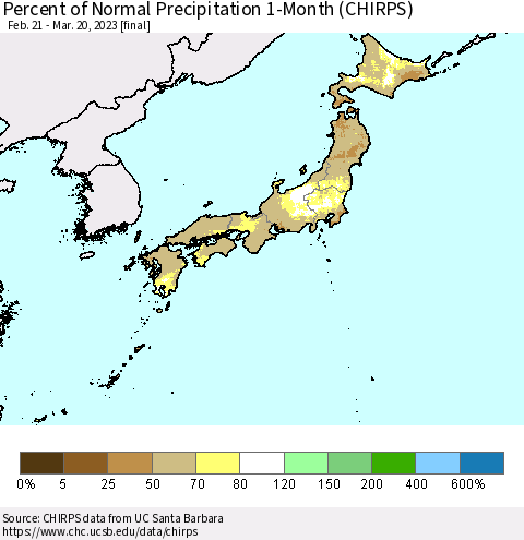 Japan Percent of Normal Precipitation 1-Month (CHIRPS) Thematic Map For 2/21/2023 - 3/20/2023