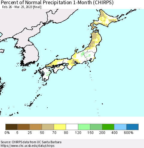 Japan Percent of Normal Precipitation 1-Month (CHIRPS) Thematic Map For 2/26/2023 - 3/25/2023