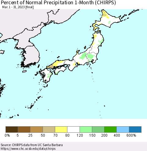 Japan Percent of Normal Precipitation 1-Month (CHIRPS) Thematic Map For 3/1/2023 - 3/31/2023