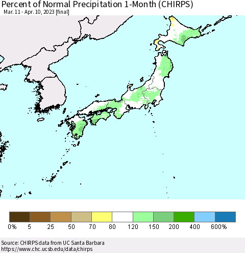 Japan Percent of Normal Precipitation 1-Month (CHIRPS) Thematic Map For 3/11/2023 - 4/10/2023