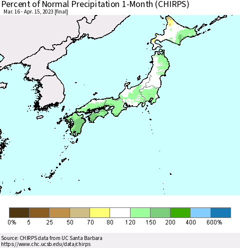 Japan Percent of Normal Precipitation 1-Month (CHIRPS) Thematic Map For 3/16/2023 - 4/15/2023