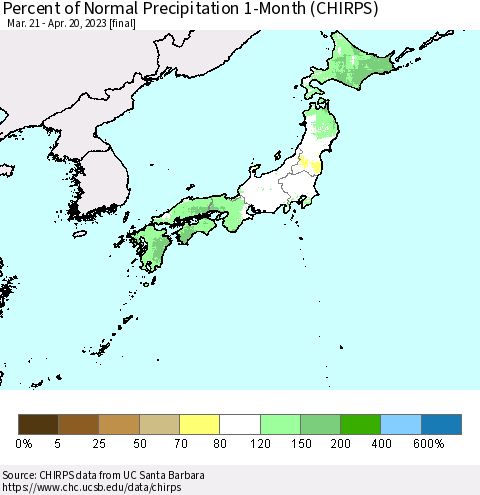 Japan Percent of Normal Precipitation 1-Month (CHIRPS) Thematic Map For 3/21/2023 - 4/20/2023