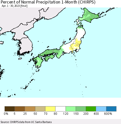 Japan Percent of Normal Precipitation 1-Month (CHIRPS) Thematic Map For 4/1/2023 - 4/30/2023