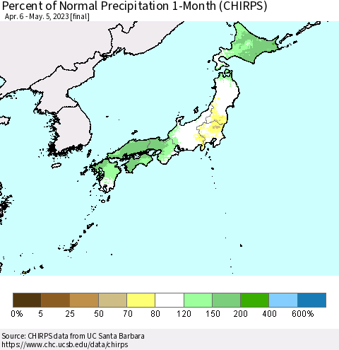 Japan Percent of Normal Precipitation 1-Month (CHIRPS) Thematic Map For 4/6/2023 - 5/5/2023