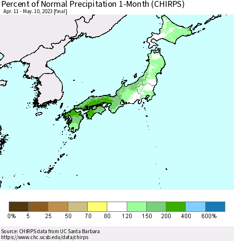 Japan Percent of Normal Precipitation 1-Month (CHIRPS) Thematic Map For 4/11/2023 - 5/10/2023