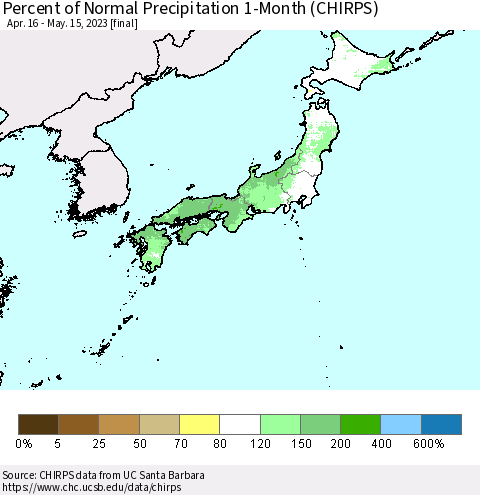 Japan Percent of Normal Precipitation 1-Month (CHIRPS) Thematic Map For 4/16/2023 - 5/15/2023