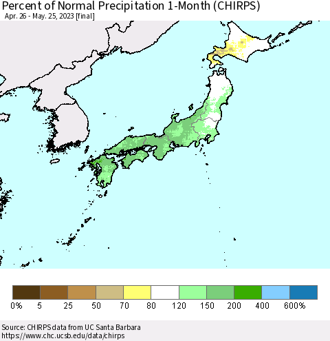 Japan Percent of Normal Precipitation 1-Month (CHIRPS) Thematic Map For 4/26/2023 - 5/25/2023